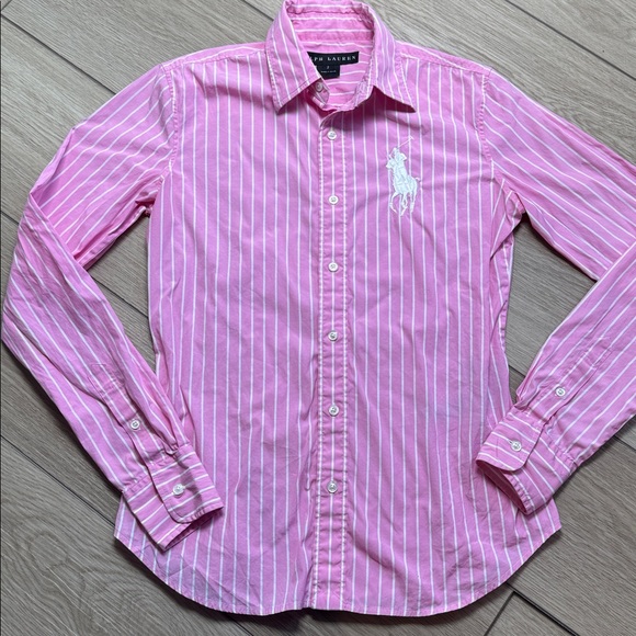Ralph Lauren Black Label Pink White Stripe Button Down Shirt Preppy Logo Sz 2 - Picture 2 of 10